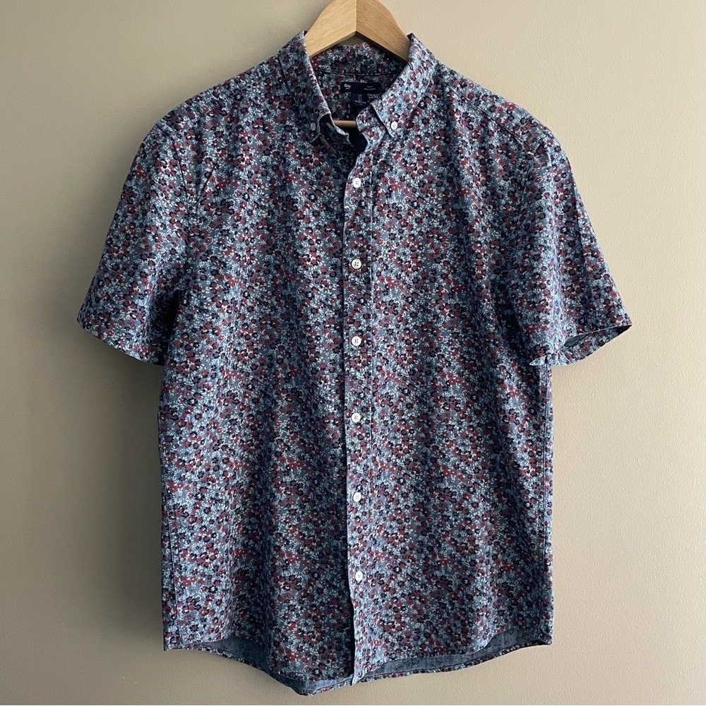 GAP Men's Cool Floral Button Front Shirt Slim Fit Large Blue Red Short Sleeve